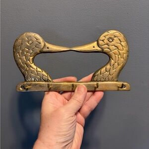 Rare Vintage Brass Duck Mallard love Bird Wall Hook Key Hanger With 5 Hooks.